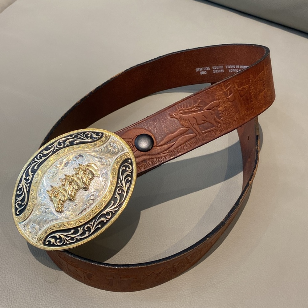 Brown Leather Belt with Montana Silversmiths belt buckle Gold and Silver